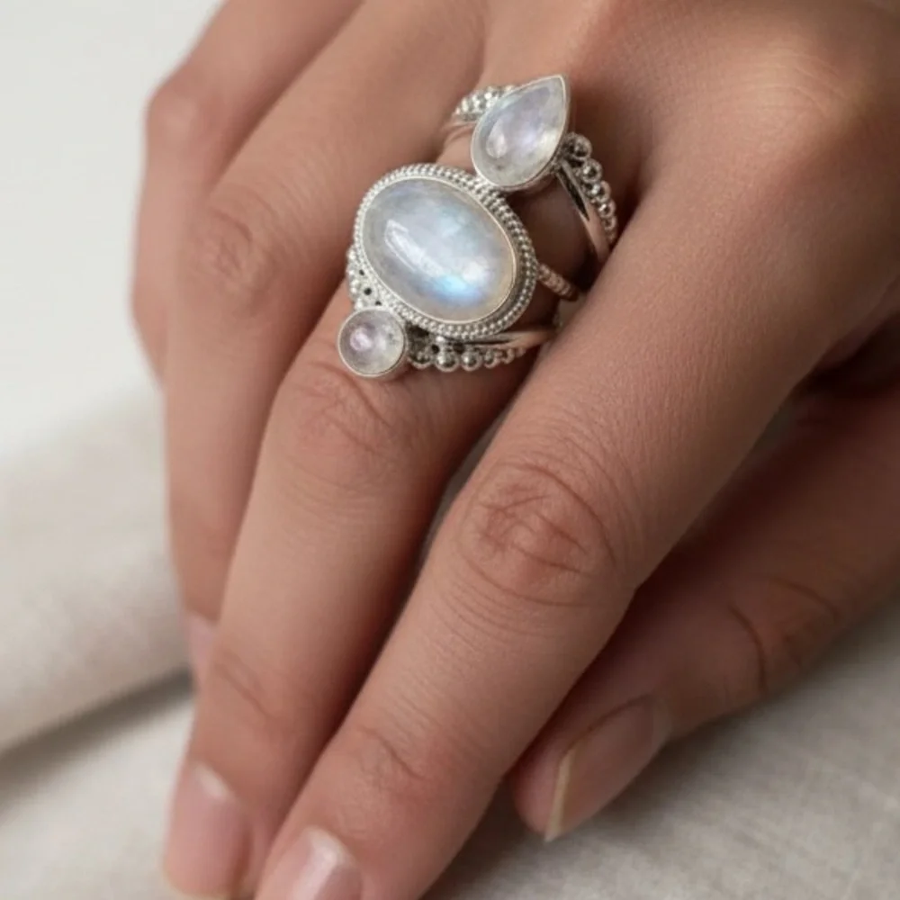 Rainbow Moonstone Boho Chunky Statement Ring Mystic Cottagecore Fairycore Boho